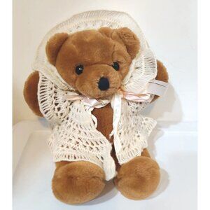 Vtg 1986 Dakin Brown Teddy Bear 13" With 2 Fitted Piece Crochet Hat & Cardigan